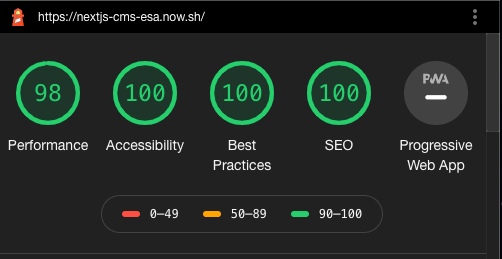 Lighthouseで測定した結果。スコアはperformanceの98以外、全て100