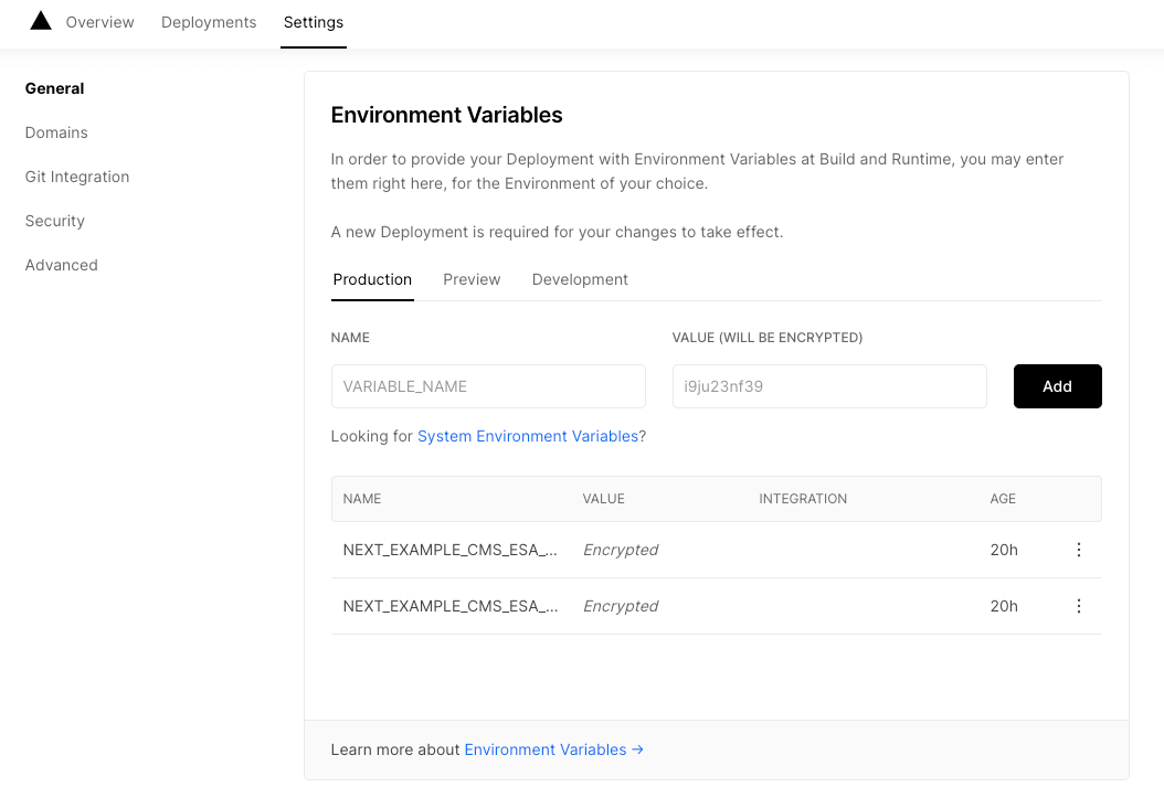 vercelのsetting画面