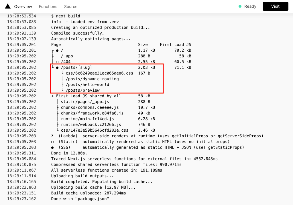 vercelのビルドのログ表示画面