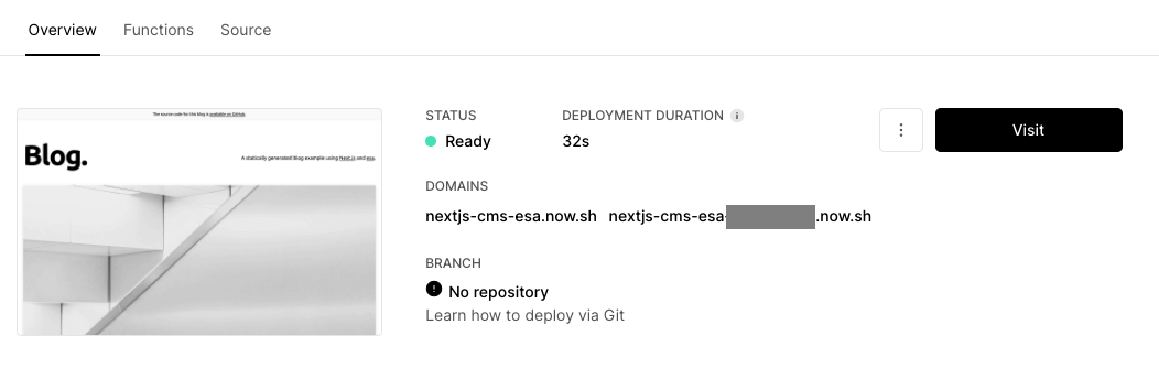 vercelの管理画面でサイトのプレビューが表示されている