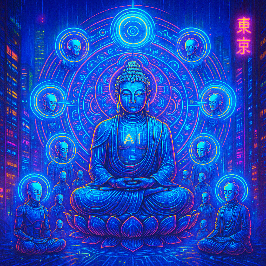 AI×仏像:サイバーパンク曼荼羅 — 雨に濡れるネオン都市の中心で、メカニカルな蓮に座るサイバー大日如来と八体のロボ僧が光輪で繋がる